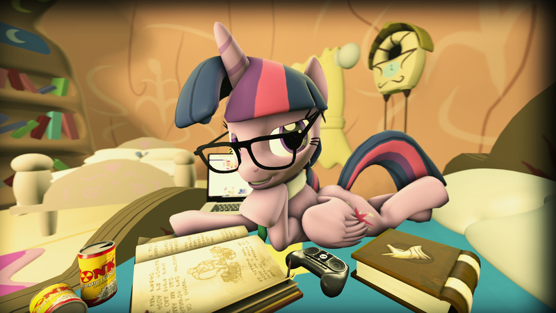 Size: 1920x1080 | Tagged: safe, artist:crax97, derpibooru import, twilight sparkle, twilight sparkle (alicorn), alicorn, pony, 3d, book, controller, female, glasses, mare, solo, source filmmaker