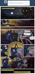 Size: 1750x3709 | Tagged: :<, alcohol, artist:selenophile, berry punch, berryshine, blushing, canterlot, comic, confused, derpibooru import, eyes closed, female, floppy ears, frown, glass, i can't believe it's not idw, incest, kissing, lesbian, moonlight inquiries, party, princess celestia, princess luna, princest, question mark, raised hoof, safe, shipping, smiling, surprise kiss, tumblr, vinyl scratch, wide eyes