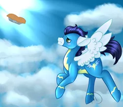 Size: 900x783 | Tagged: artist:mdragonflame, clothes, derpibooru import, flying, food, pie, safe, soarin', solo, that pony sure does love pies, uniform, wonderbolts uniform