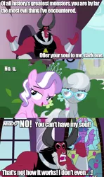 Size: 640x1080 | Tagged: safe, derpibooru import, edit, screencap, diamond tiara, lord tirek, silver spoon, twilight sparkle, twilight sparkle (alicorn), alicorn, pony, twilight time, twilight's kingdom, adventure time, angry, caption, comic, female, frown, glare, gunter (adventure time), hudson abadeer, image macro, lidded eyes, mare, meme, no u, open mouth, reference, scorpan's necklace, smiling, smirk, text, trolling