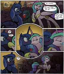 Size: 1716x1992 | Tagged: safe, artist:selenophile, derpibooru import, edit, berry punch, berryshine, princess celestia, princess luna, vinyl scratch, alicorn, earth pony, pony, unicorn, :<, alcohol, blushing, comic, confused, cropped, eyes closed, female, floppy ears, frown, glass, incest, kissing, lesbian, mare, moonlight inquiries, open mouth, princest, question mark, raised hoof, royal sisters, shipping, siblings, sisters, smiling, surprise kiss, wide eyes
