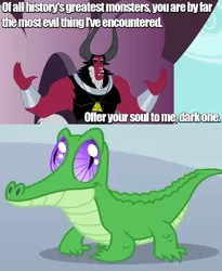 Size: 640x781 | Tagged: adventure time, caption, derpibooru import, gummy, hudson abadeer, image macro, lord tirek, meme, safe, scorpan's necklace, screencap, text