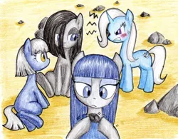 Size: 812x632 | Tagged: artist:unousaya, boulder (pet), derpibooru import, hair over one eye, limestone pie, marble pie, maud pie, rock farm, safe, traditional art, trixie