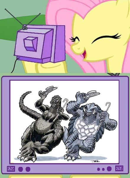 Size: 563x768 | Tagged: dancing, derpibooru import, exploitable meme, fluttershy, gamera, gamera (series), godzilla, godzilla (series), kaiju, meme, obligatory pony, safe, tv meme