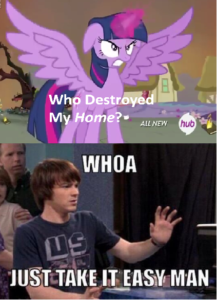 Size: 423x586 | Tagged: safe, derpibooru import, twilight sparkle, twilight sparkle (alicorn), alicorn, pony, twilight's kingdom, drake & josh, drake bell, exploitable meme, female, hub logo, mare, meme, obligatory pony, who destroyed twilight's home