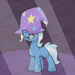 Size: 500x500 | Tagged: safe, artist:rivalcat, derpibooru import, trixie, pony, blank flank, clothes, cute, female, filly, grin, hat, silly, silly pony, smiling, solo, trixie's hat