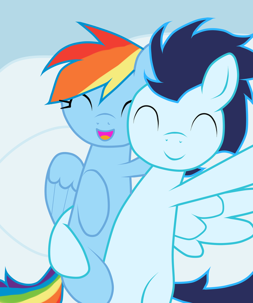 Size: 1024x1229 | Tagged: safe, artist:rulette, derpibooru import, rainbow dash, soarin', eyes closed, female, hug, male, selfie, shipping, soarindash, straight