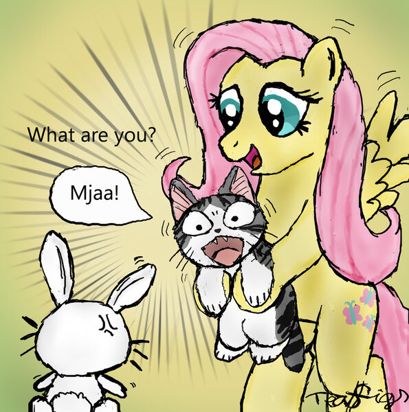 Size: 900x907 | Tagged: angel bunny, artist:teagigs, cat, chi, chi's sweet home, crossover, derpibooru import, fluttershy, safe