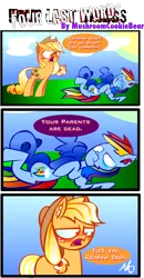 Size: 1160x2227 | Tagged: applejack, applejack's parents, artist:mushroomcookiebear, comic, crying, derpibooru import, ear fluff, floppy ears, friendship is still magic, frown, glare, on back, rainbow dash, rainbow douche, semi-grimdark, vulgar