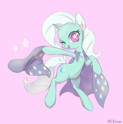 Size: 500x503 | Tagged: safe, artist:mlpanon, derpibooru import, trixie, pony, bipedal, cape, clothes, hat, looking at you, one eye closed, open mouth, smiling, solo, style emulation, trixie's cape, trixie's hat, wink