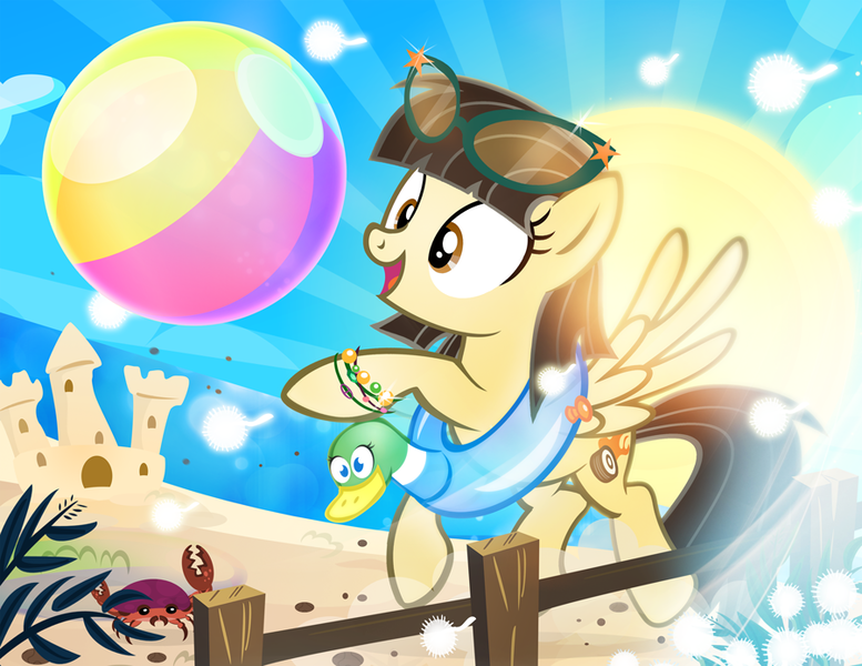 Size: 900x695 | Tagged: safe, artist:pixelkitties, derpibooru import, wild fire, crab, pegasus, pony, beach, beach ball, floaty, inner tube, pixelkitties' brilliant autograph media artwork, sandcastle, sibsy, solo, sun, sunglasses