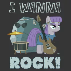 Size: 600x600 | Tagged: safe, artist:xkappax, derpibooru import, boulder (pet), maud pie, tom, earth pony, pony, band, boulder, caption, drums, female, glam metal, gray background, guitar, headband, mare, musical instrument, pun, simple background, sunglasses, twisted sister