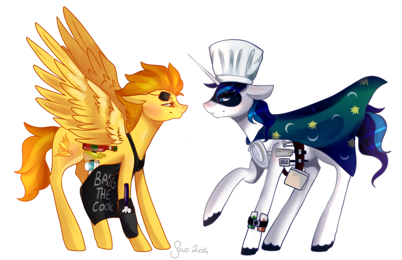 Size: 2301x1487 | Tagged: artist:saoiirse, chef's hat, commission, derpibooru import, glare, hat, safe, shining armor, smiling, smirk, spitfire