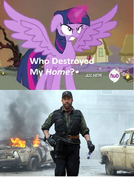 Size: 428x565 | Tagged: safe, derpibooru import, twilight sparkle, twilight sparkle (alicorn), alicorn, pony, badass, chuck norris, exploitable meme, female, hub logo, mare, meme, non-pony oc, obligatory pony, who destroyed twilight's home