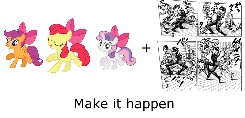 Size: 2370x1150 | Tagged: apple bloom, cutie mark crusaders, dancing, derpibooru import, exploitable meme, guido mista, jojo's bizarre adventure, make it happen, meme, narancia ghirga, pannacotta fugo, safe, scootaloo, sweetie belle, torture dance, vento aureo