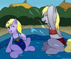 Size: 2400x2000 | Tagged: safe, artist:riscke, derpibooru import, derpy hooves, dinky hooves, pegasus, pony, armpits, bikini, clothes, equestria's best mother, female, mare, mother and child, mother and daughter, one-piece swimsuit, splashing, sukumizu, swimming pool, swimsuit, underhoof, water, wet