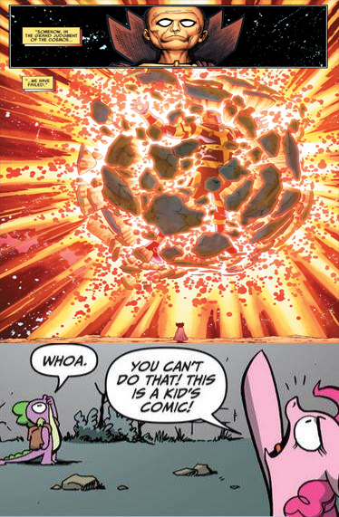 Size: 374x571 | Tagged: bad end, breaking the fourth wall, comic, derpibooru import, earth, fourth wall, idw, marvel, meme, meta, pinkie pie, safe, spike, this is a kid's comic