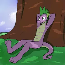 Size: 1280x1280 | Tagged: safe, artist:fuzebox, derpibooru import, spike, dragon, semi-anthro, armpits, bored, lonely, older, older spike, sitting, solo, spike's journey, story included, teenage spike, teenaged dragon, teenager, tree, under the tree