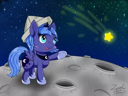 Size: 2000x1500 | Tagged: artist:zanclife, cartographer's cap, derpibooru import, female, filly, hat, princess luna, safe, shooting star, solo, woona, younger