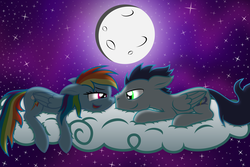 Size: 4780x3200 | Tagged: safe, artist:thunderelemental, derpibooru import, rainbow dash, soarin', boop, cloud, eye contact, female, floppy ears, looking at each other, male, moon, night, nose wrinkle, noseboop, nuzzling, prone, shipping, sky, smiling, smirk, soarindash, stars, straight