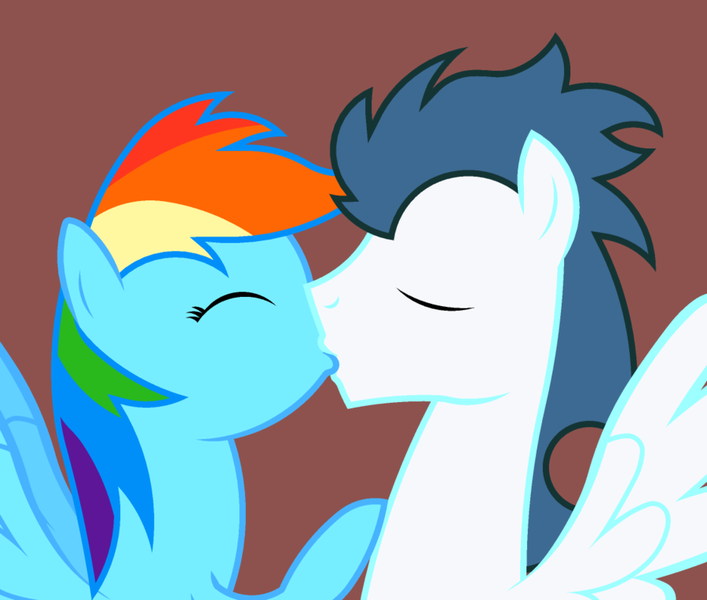 Size: 900x764 | Tagged: safe, artist:bobthelurker, derpibooru import, rainbow dash, soarin', eyes closed, female, kissing, male, shipping, soarindash, spread wings, straight, wings