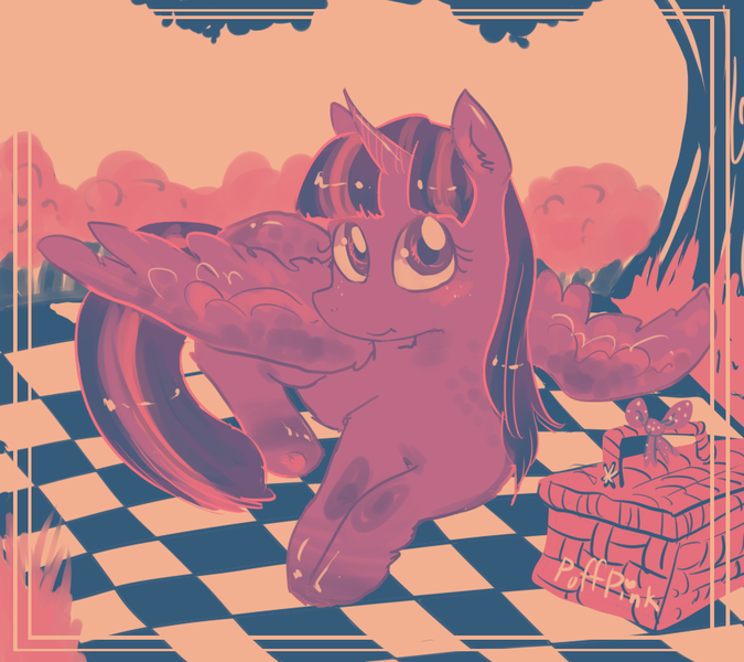 Size: 900x800 | Tagged: safe, artist:puffpink, derpibooru import, twilight sparkle, twilight sparkle (alicorn), alicorn, pony, basket, female, mare, picnic, picnic basket, picnic blanket, solo