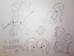 Size: 1032x774 | Tagged: safe, artist:rd97, derpibooru import, rainbow dash, soarin', bedroom eyes, crying, female, gun, heart, hug, kissing, male, monochrome, natural born killers, old cutie mark, shipping, sketch, sketch dump, soarindash, straight, traditional art, weapon