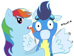 Size: 1063x794 | Tagged: safe, artist:valden, derpibooru import, rainbow dash, soarin', blushing, clothes, female, licking, male, pomf, shipping, soarindash, spread wings, straight, tongue out, uniform, wingboner, wings, wonderbolts uniform