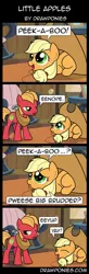 Size: 513x1556 | Tagged: safe, artist:drawponies, derpibooru import, applejack, big macintosh, earth pony, pony, annoyed, applejack's hat, colt, comic, cowboy hat, cute, diabetes, eyes closed, female, filly, frown, happy, hat, hnnng, jackabetes, male, open mouth, peekaboo, pouting, prone, puppy dog eyes, sad, smiling, stallion, weapons-grade cute