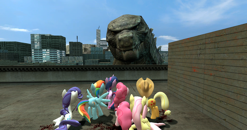 Size: 1256x661 | Tagged: 3d, applejack, crossover, derpibooru import, fluttershy, gmod, godzilla, godzilla 2014, godzilla (series), kaiju, mane six, pinkie pie, rainbow dash, rarity, safe, twilight sparkle