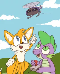 Size: 868x1082 | Tagged: artist:comickit, crossover, derpibooru import, helicopter, miles "tails" prower, pointing, remote control, safe, sonic the hedgehog (series), spike