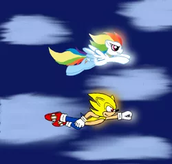 Size: 3472x3304 | Tagged: artist:rb-gameaddict, crossover, derpibooru import, flying, rainbow dash, safe, sonic the hedgehog, sonic the hedgehog (series), super rainbow dash, super sonic