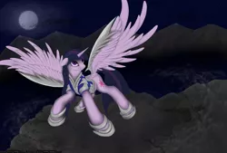 Size: 3920x2656 | Tagged: safe, artist:1deathpony1, derpibooru import, twilight sparkle, twilight sparkle (alicorn), alicorn, pony, armor, cliff, female, mare, moon, mountain, mountain range, solo