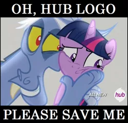 Size: 460x442 | Tagged: safe, derpibooru import, screencap, discord, twilight sparkle, twilight sparkle (alicorn), alicorn, pony, three's a crowd, blue flu, female, hub logo, mare