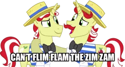 Size: 1024x554 | Tagged: artist:nero-narmeril, can't flim flam the zim zam, derpibooru import, exploitable meme, flam, flim, flim flam brothers, meme, safe