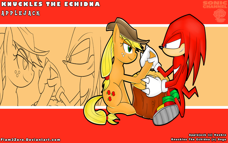 Size: 1920x1200 | Tagged: applejack, artist:flam3zero, crossover, derpibooru import, knuckles the echidna, safe, sonic the hedgehog (series), style emulation, wallpaper, yuji uekawa style