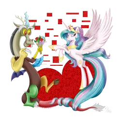 Size: 900x900 | Tagged: safe, artist:swanlullaby, derpibooru import, discord, princess celestia, twilight's kingdom, dislestia, female, flower, male, shipping, straight