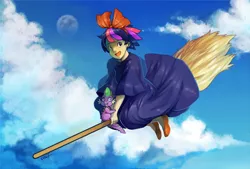 Size: 4009x2707 | Tagged: artist:dhui, bow, broom, derpibooru import, dragon, female, flying, flying broomstick, hair bow, happy, human, humanized, kiki's delivery service, male, parody, reference, safe, sky, spike, studio ghibli, twilight sparkle