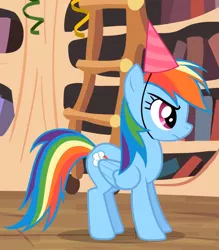 Size: 821x937 | Tagged: daring don't, derpibooru import, hat, national random holiday party day, party hat, rainbow dash, safe, screencap, solo