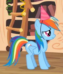 Size: 815x951 | Tagged: daring don't, derpibooru import, hat, national random holiday party day, party hat, rainbow dash, safe, screencap, scrunchy face, solo