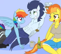 Size: 1024x908 | Tagged: suggestive, artist:artistbrony, derpibooru import, rainbow dash, soarin', spitfire, anthro, plantigrade anthro, armpits, bare chest, belly button, bisexual, breasts, busty spitfire, cider, cleavage, clothes, female, fetish, imminent tickles, lesbian, male, midriff, navel fetish, navel play, partial nudity, polyamory, shipping, sitting, soarin' gets all the mares, soarindash, soarindashfire, straight, tied, topless