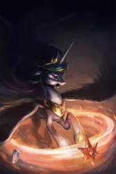 Size: 900x1350 | Tagged: safe, artist:assasinmonkey, derpibooru import, princess celestia, alicorn, pony, princess twilight sparkle (episode), crying, dark, element of generosity, element of honesty, element of kindness, element of laughter, element of loyalty, element of magic, elements of harmony, female, fight, glare, glow, magic, mare, open mouth, sad, scene interpretation, solo, spread wings, wings