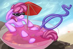 Size: 1084x737 | Tagged: artist:yellowstumps, berry punch, berryshine, derpibooru import, punch bowl, punch (drink), safe, solo, straw, sunglasses