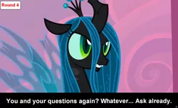 Size: 1600x973 | Tagged: caption, changeling, changeling queen, comic:celestia's servant interview, cs captions, derpibooru import, female, interview, queen chrysalis, safe, solo