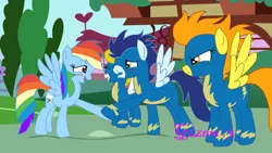 Size: 1024x576 | Tagged: safe, artist:gizemyorganci, derpibooru import, rainbow dash, soarin', spitfire, surprise, clothes, female, jealous, male, shipping, soarindash, straight, uniform, wonderbolts uniform