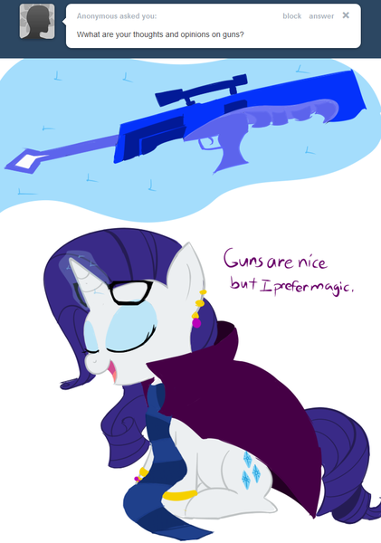 Size: 698x995 | Tagged: ahab's crosshairs, artist:bambooharvester, ask, crossover, derpibooru import, eridan ampora, gun, homestuck, magic, rarity, rarity replies, safe, solo, tumblr, weapon