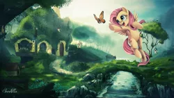 Size: 1920x1080 | Tagged: safe, artist:ponykillerx, artist:sunkilla-fr, derpibooru import, edit, fluttershy, bird, butterfly, pegasus, pony, animal, armpits, cute, fluttershy's cottage, scenery, scenery porn, shyabetes, solo, wallpaper