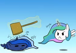 Size: 6250x4356 | Tagged: :<, absurd resolution, angry, artist:icesticker, blob ponies, chubbie, derpibooru import, frown, glare, hammer, hitting, jumping, levitation, lunadoodle, magic, mallet, one word, princess celestia, princess luna, safe, squishy, telekinesis, too many ponies