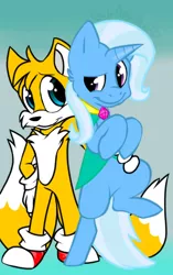 Size: 408x648 | Tagged: safe, artist:gatoamante, derpibooru import, trixie, pony, bipedal, cape, clothes, crossover, duo, eye contact, looking at each other, miles "tails" prower, smiling, smirk, sonic team, sonic the hedgehog (series)