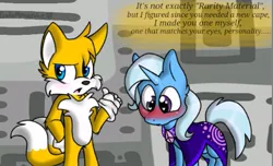 Size: 471x286 | Tagged: artist:gatoamante, blushing, cape, clothes, crossover, crossover shipping, derpibooru import, dialogue, miles "tails" prower, safe, shipping, sonic team, sonic the hedgehog (series), trixie